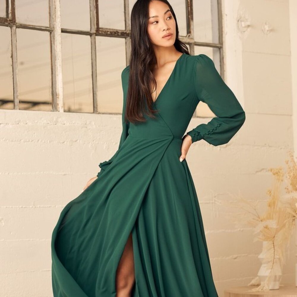 Lulus My Whole Heart Emerald Green Long Sleeve Wrap Dress - Size Medium